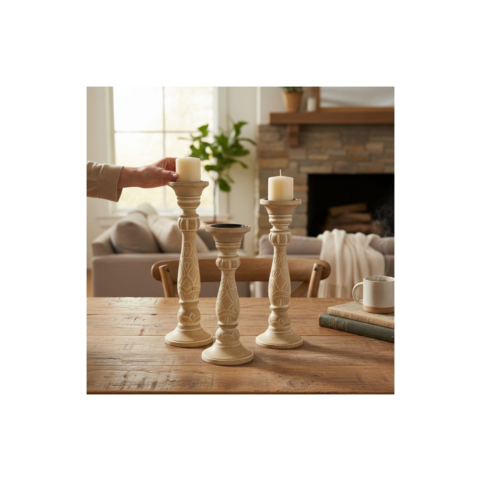 Set of 3 Norfolk Candle Holders-Bleached Wood